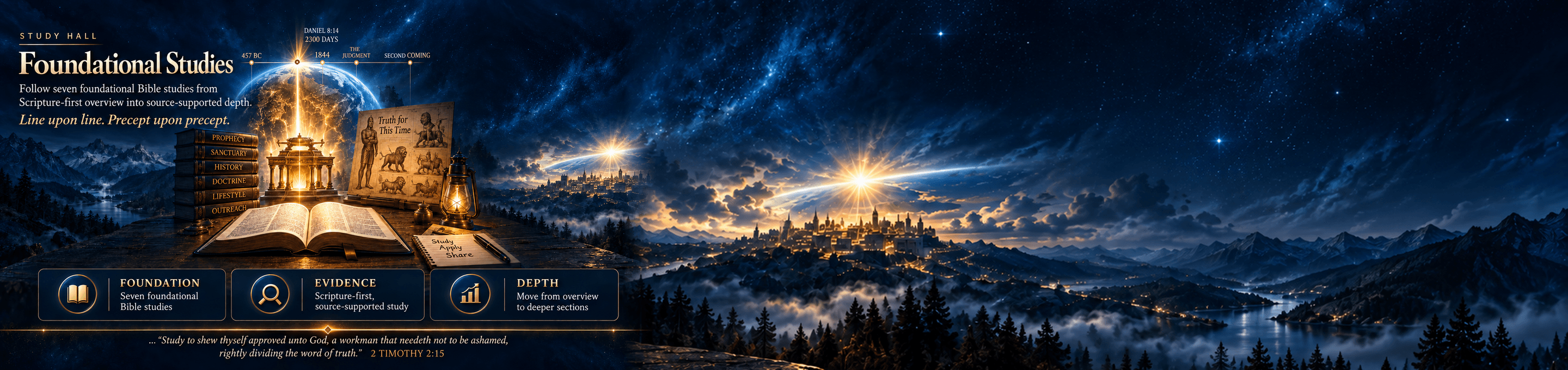 A Scripture-first study scene with an open Bible, sanctuary, prophecy timeline, and historic evidence